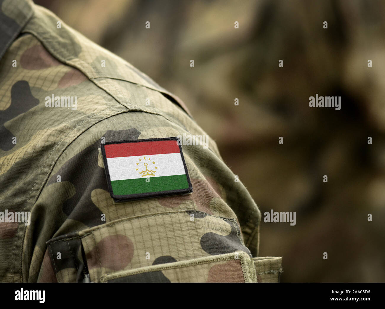 Flag of Tajikistan on military uniform. Army, armed forces, soldiers. Collage. Stock Photo
