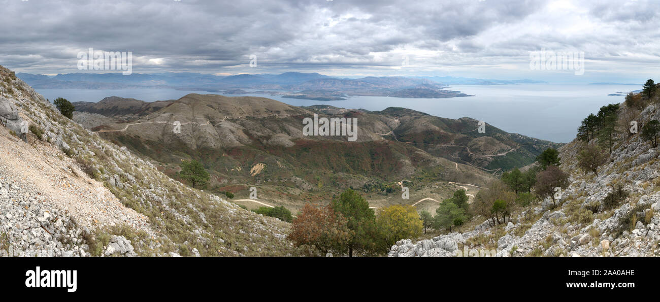 Panoramic view across Corfu to Albania from Mount Pantokrator Stock Photo