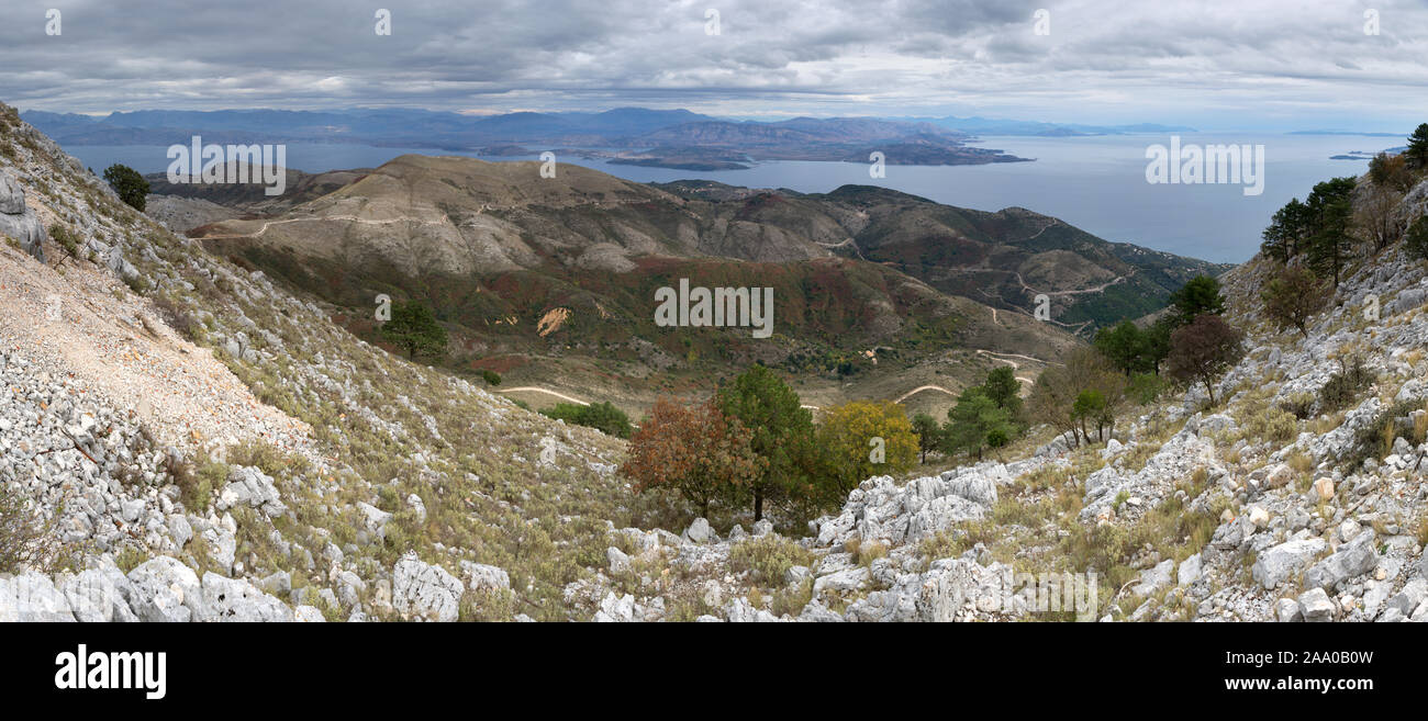 Panoramic view across Corfu to Albania from Mount Pantokrator Stock Photo