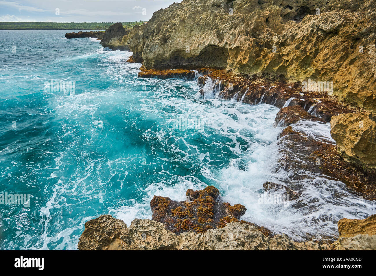 Rocky coast of the Caribbean Sea in the Dominican Republic, on the way from Punta Cana to Santo Domingo Stock Photo
