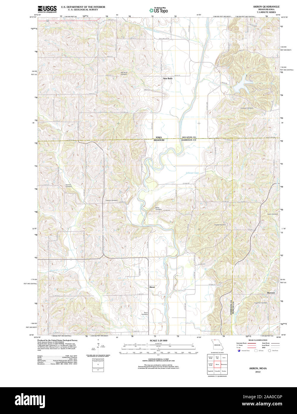 USGS TOPO Map Missouri MO Akron 20120125 TM Restoration Stock Photo