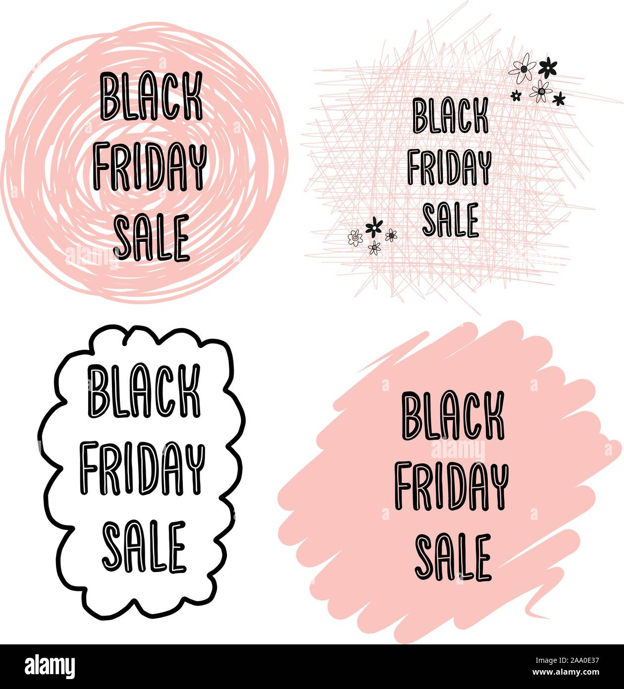 Feminine Black Friday Sales Banner Set Vector. Handwritten typography on dots, circles, scribbles in pink for promotional flyers, cards. Cute women Stock Vector