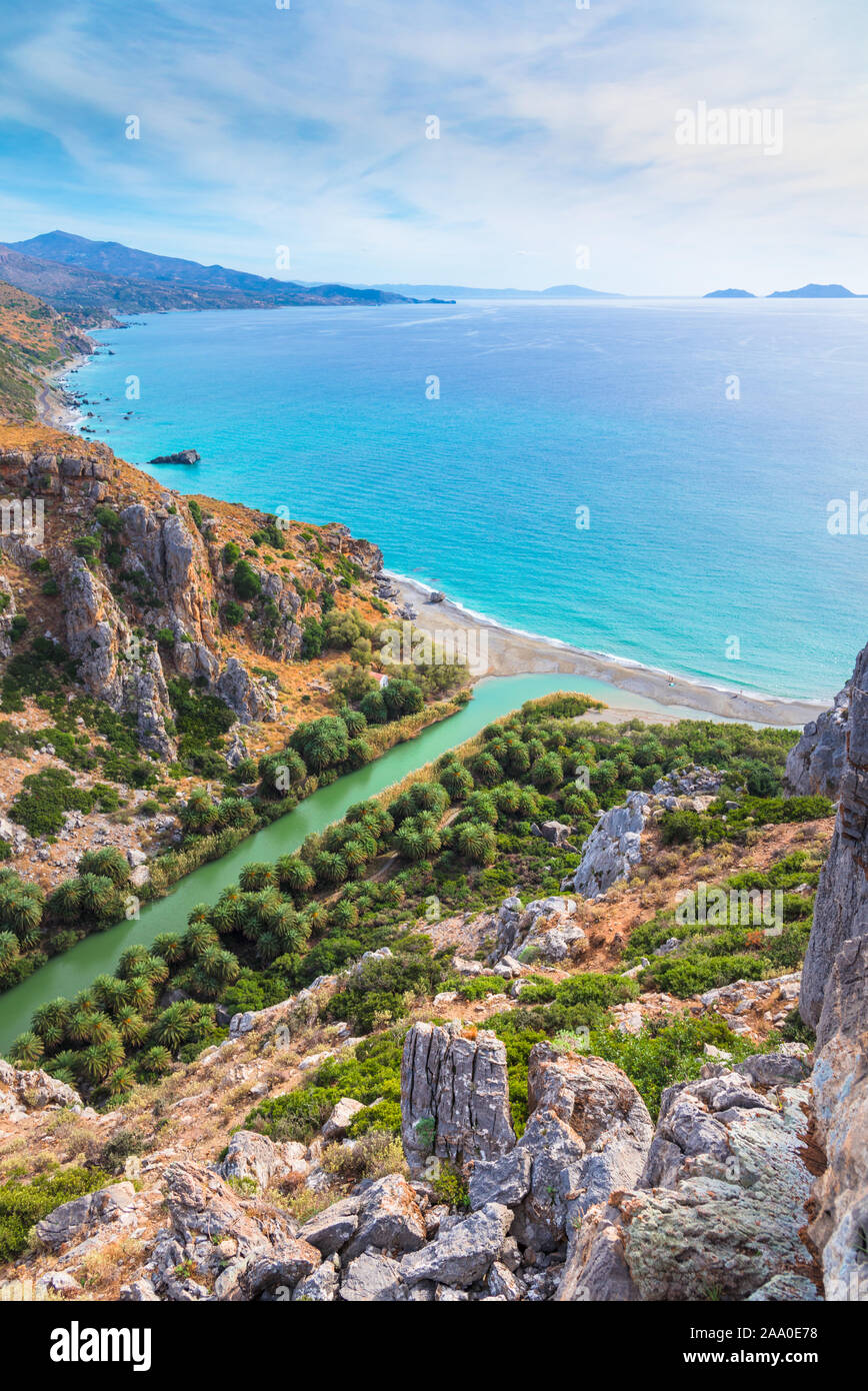 Panorama of Preveli beach at Libyan sea, river and palm forest, southern Crete , Greece Stock Photo