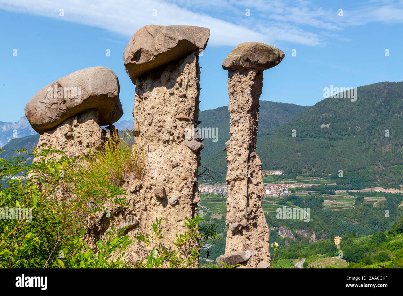One of the geological attractions of Segonzano are pyramids. These 'pyramids' are actually remains of stoneware pillars that are not affected by erosi Stock Photo