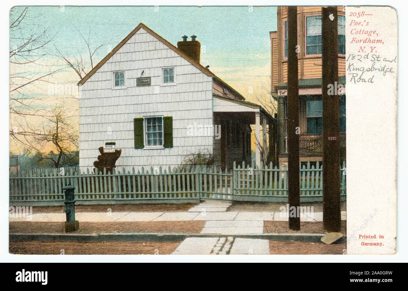 Illustrated postcard of the Edgar Allan Poe Cottage on Kingsbridge Road