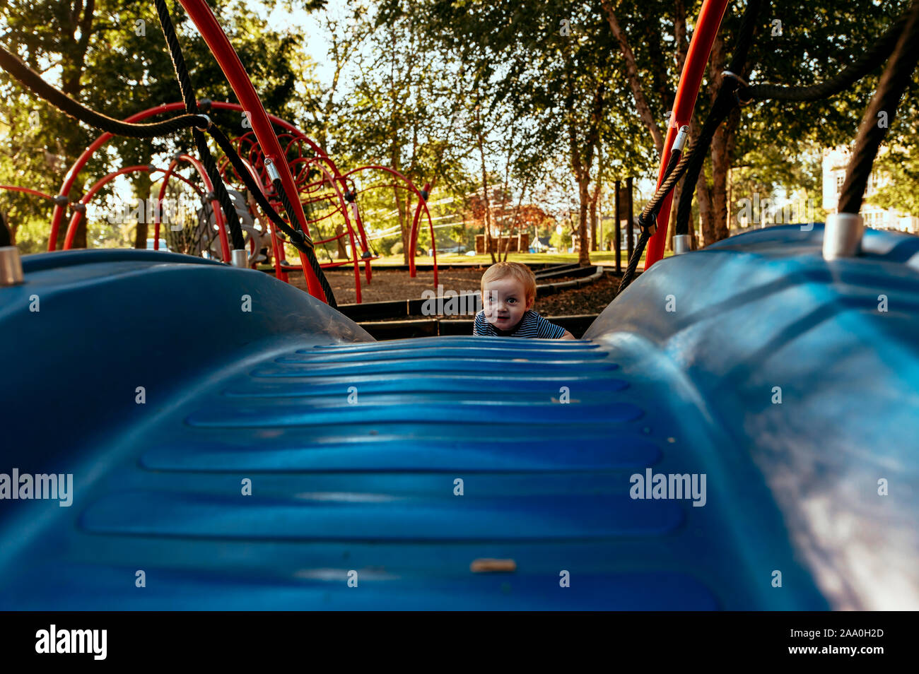 Baby boy climbing blue playground equipment at park with trees. Stock Photo