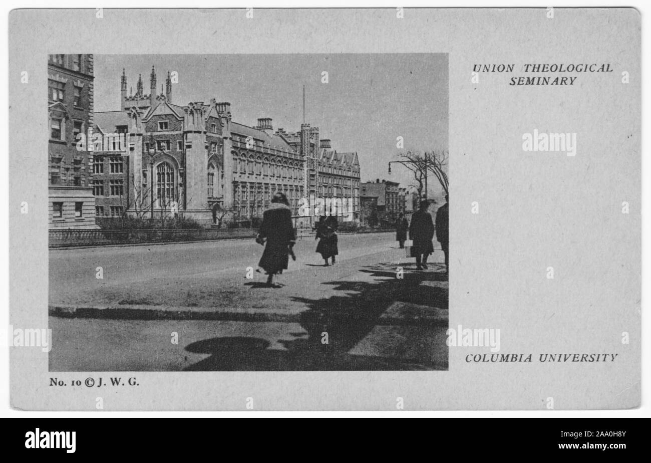 Engraved postcard of the Union Theological Seminary at Columbia University, copyright by John Wallace Gillies, published by Pictorial Company, 1920. From the New York Public Library. () Stock Photo