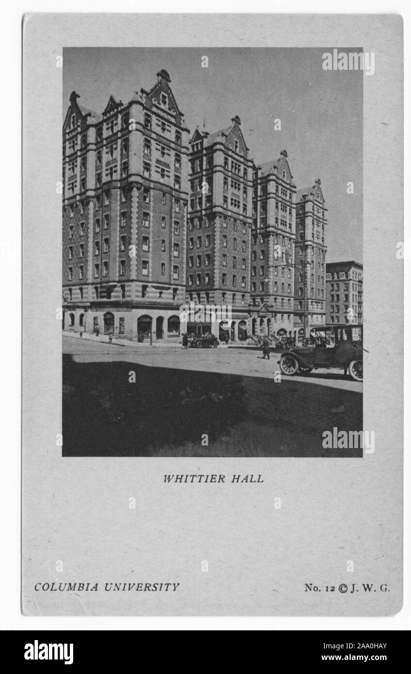 Engraved postcard of Whittier Hall at Columbia University, New York City, copyright by John Wallace Gillies, published by Pictorial Company, 1920. From the New York Public Library. () Stock Photo