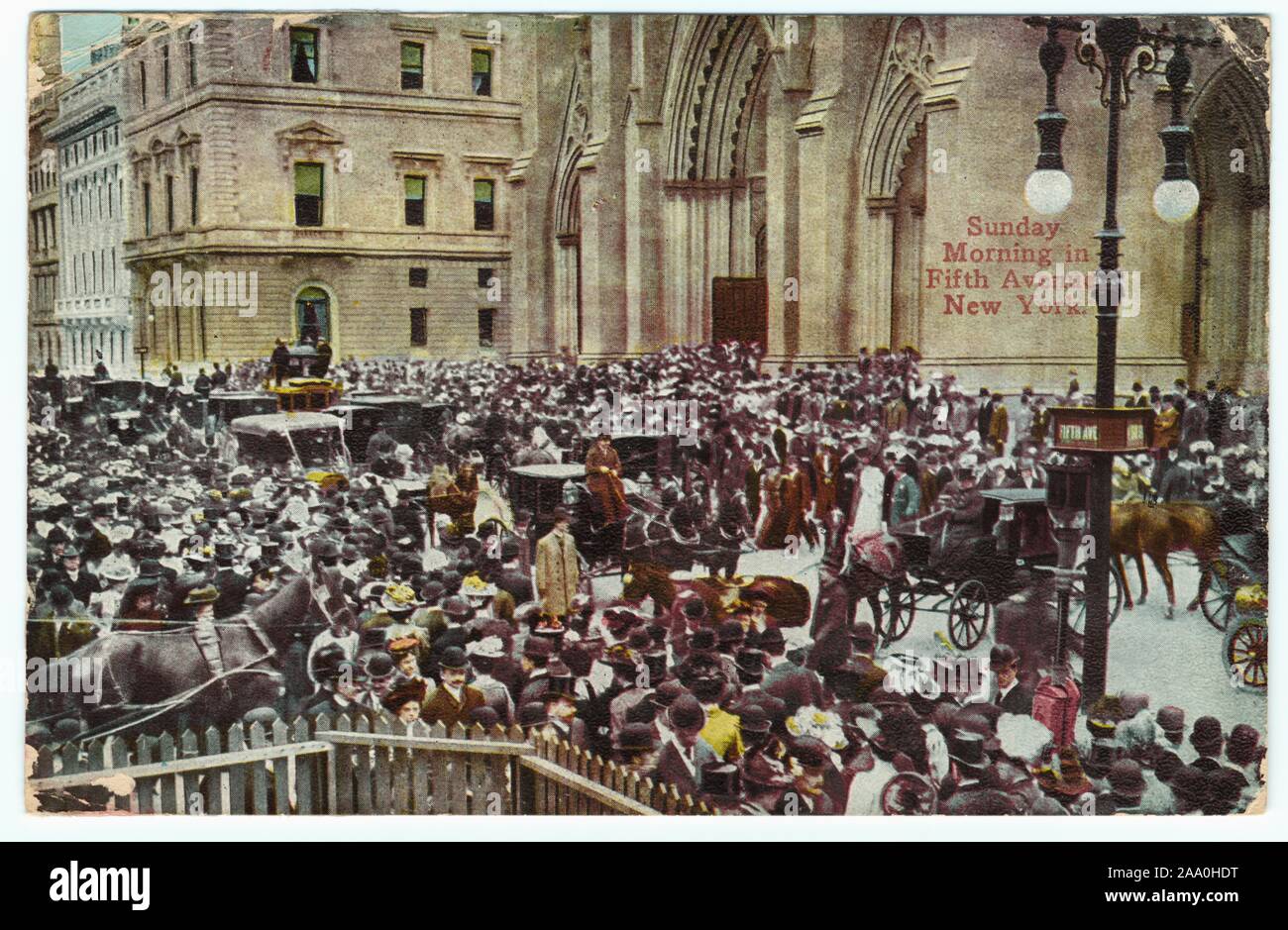 Illustrated postcard of a crowd of people and vehicles on a Sunday morning in Fifth Avenue, New York City, published by Success Postal Card and Co, 1912. From the New York Public Library. () Stock Photo