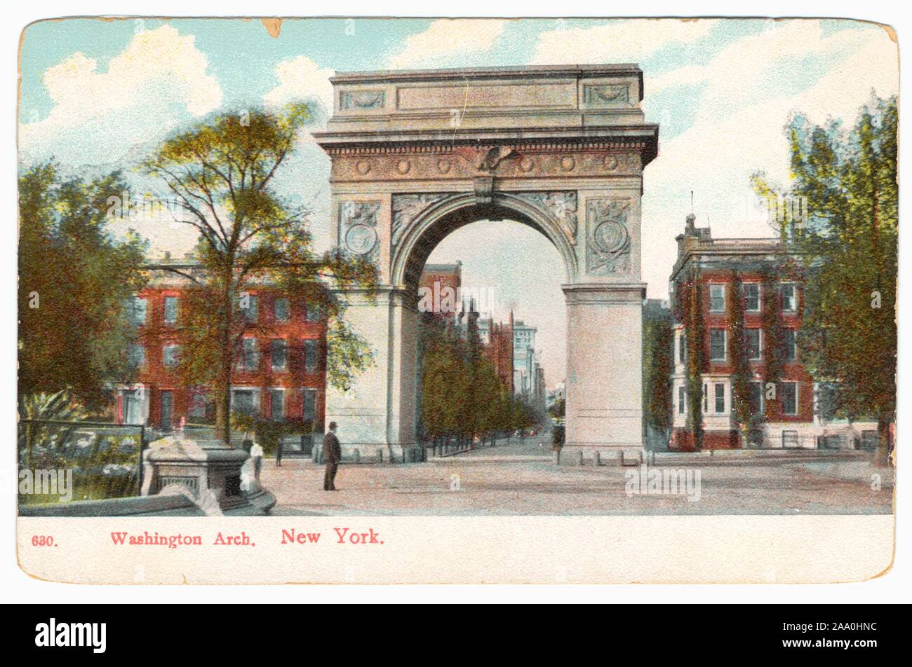 Illustrated postcard of the Washington Arch, New York City, published by Photo and Art Postal Card Co, 1907. From the New York Public Library. () Stock Photo