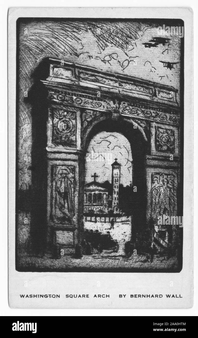 Engraved postcard of the Washington Square Arch, New York City, etched by Bernhard Wall, published by Ferenz-Martini (Firm), 1919. From the New York Public Library. () Stock Photo