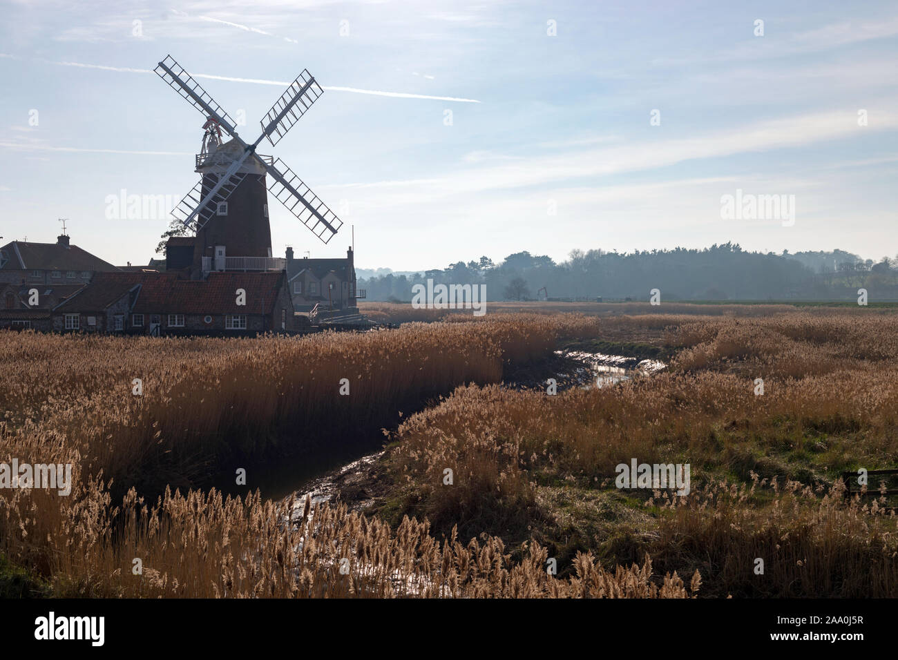 Cley Windmill surrounded by reedbeds, North Norfolk coast, East Anglia, UK Stock Photo