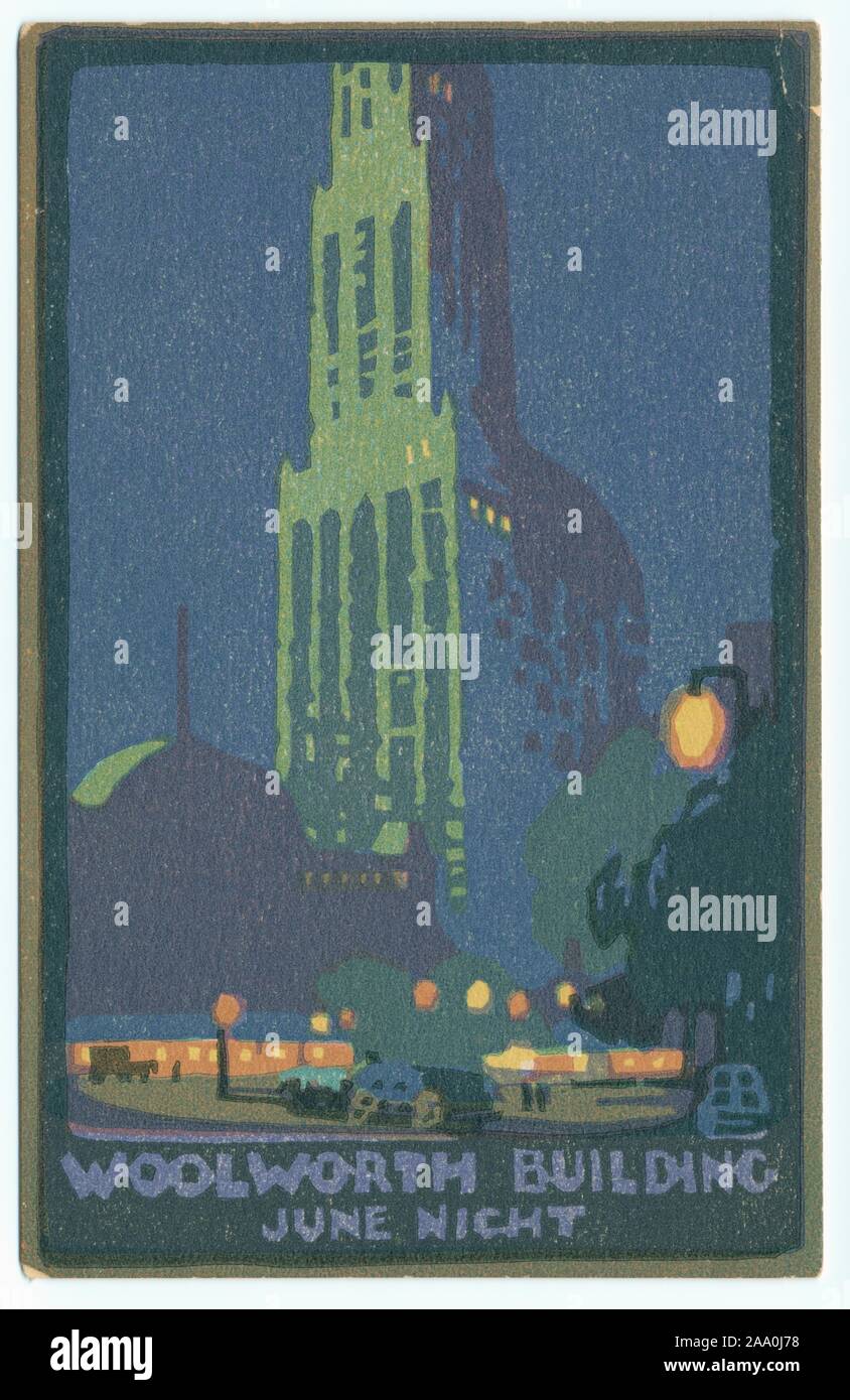 Illustrated postcard of Woolworth Building on a June night, New York City, painting by Rachel Robinson Elmer, 1916. From the New York Public Library. () Stock Photo