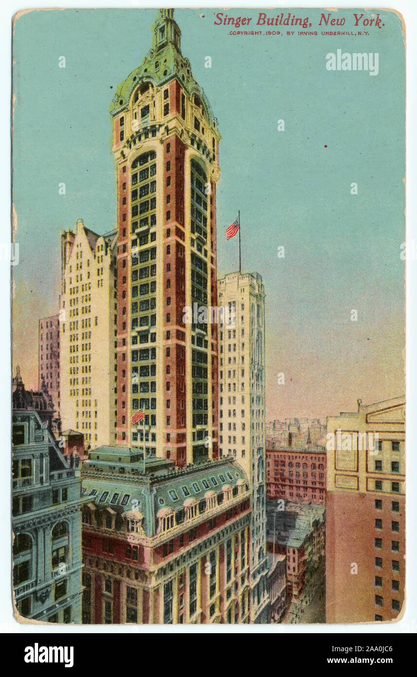 Illustrated postcard of the Singer Building, New York City, copyright by Irving Underhill, published by Maether and Co, 1909. From the New York Public Library. () Stock Photo