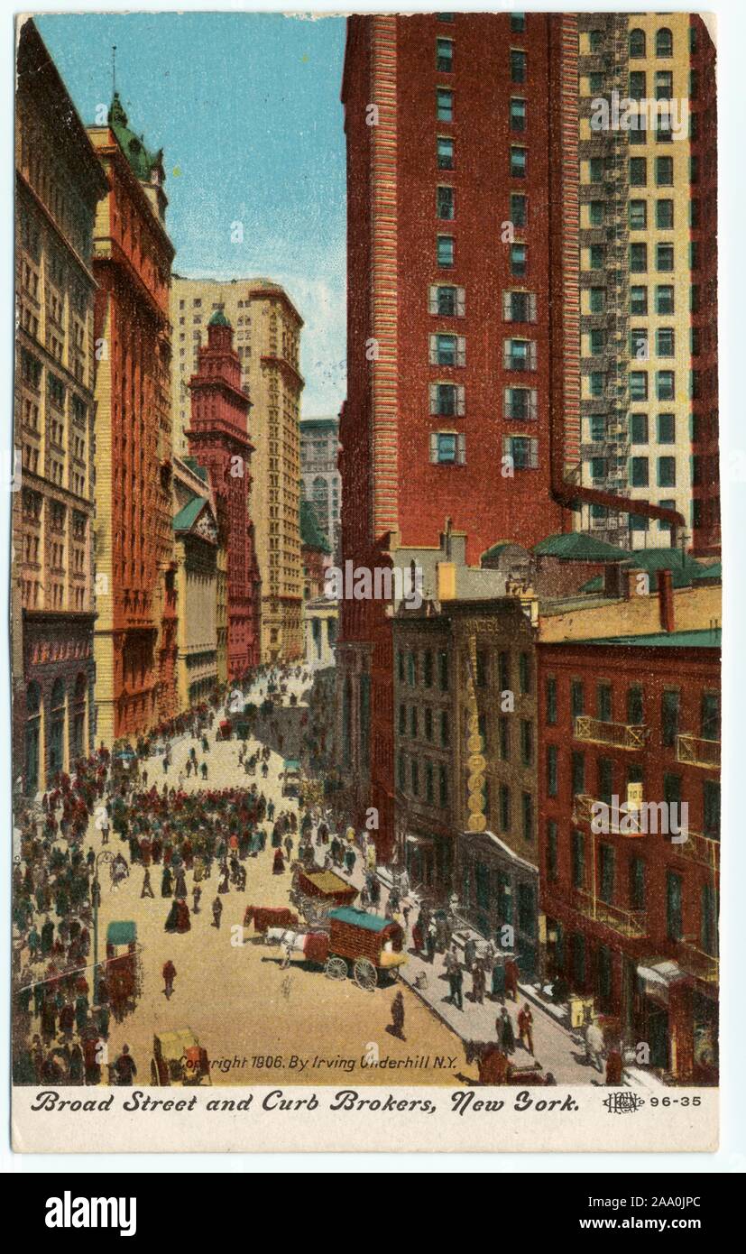 Illustrated postcard of curbstone brokers in a busy Broad Street, New York City, created by Irving Underhill, published by Illustrated Postal Card Co, 1906. From the New York Public Library. () Stock Photo