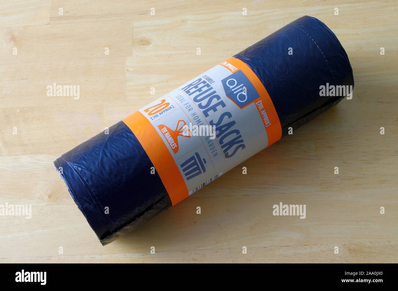 Roll of Alio Black Plastic Tie Handle Refuse Sacks or Bin Bags, UK Stock Photo
