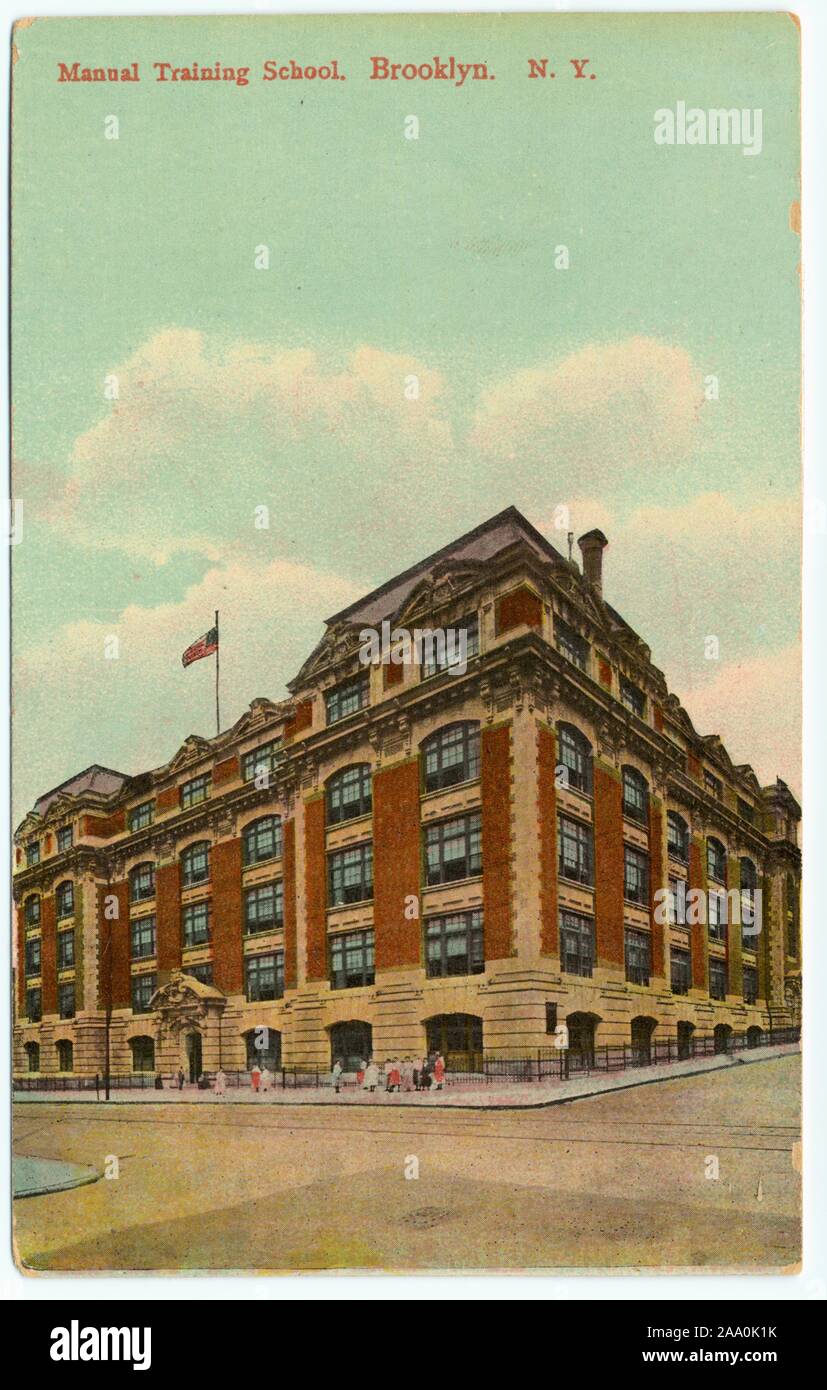 Illustrated postcard of the exterior of the Manual Training School located on 7th Avenue in Brooklyn, New York City, 1909. From the New York Public Library. () Stock Photo