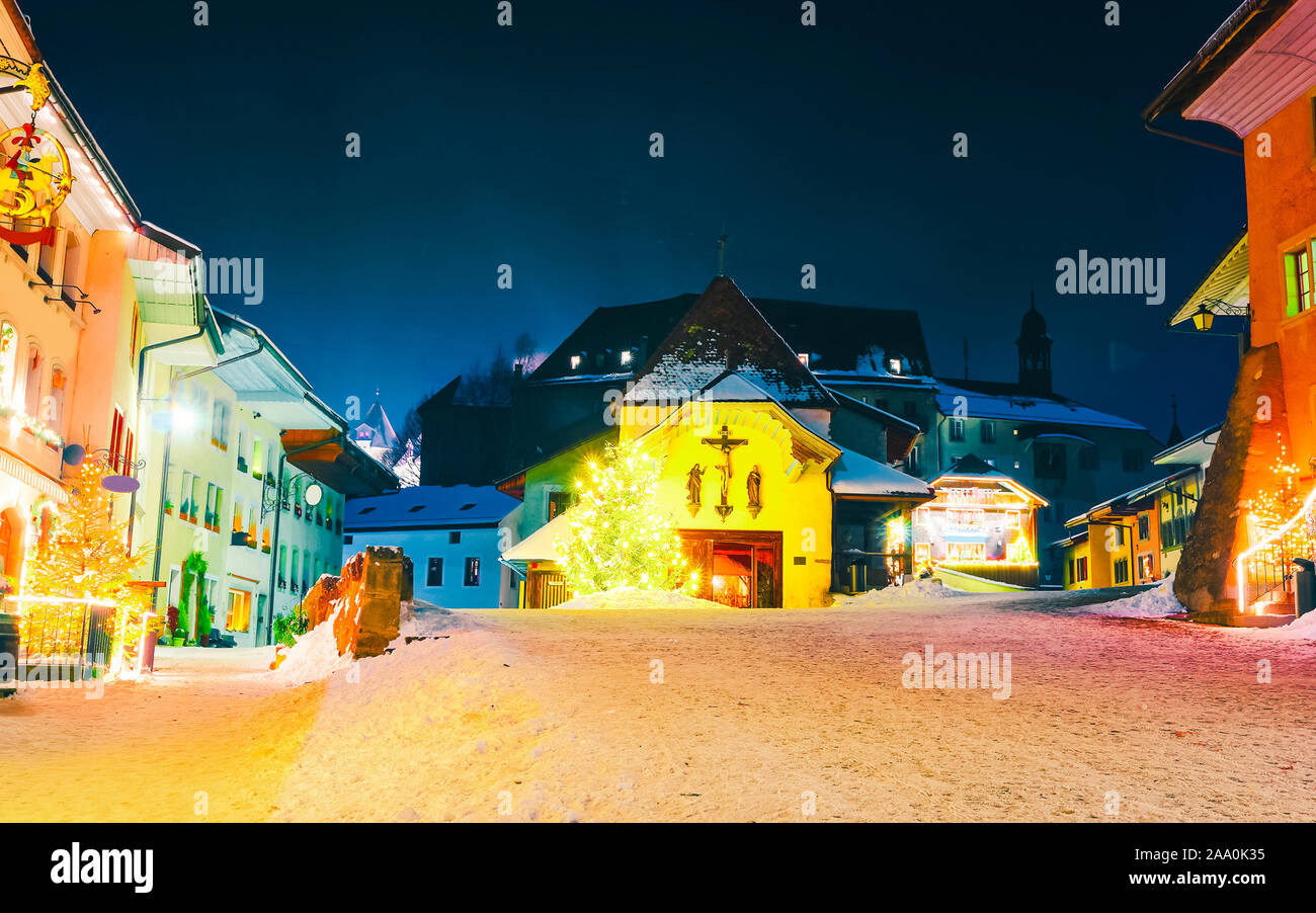 Gruyeres town village in Switzerland winter night new Stock Photo