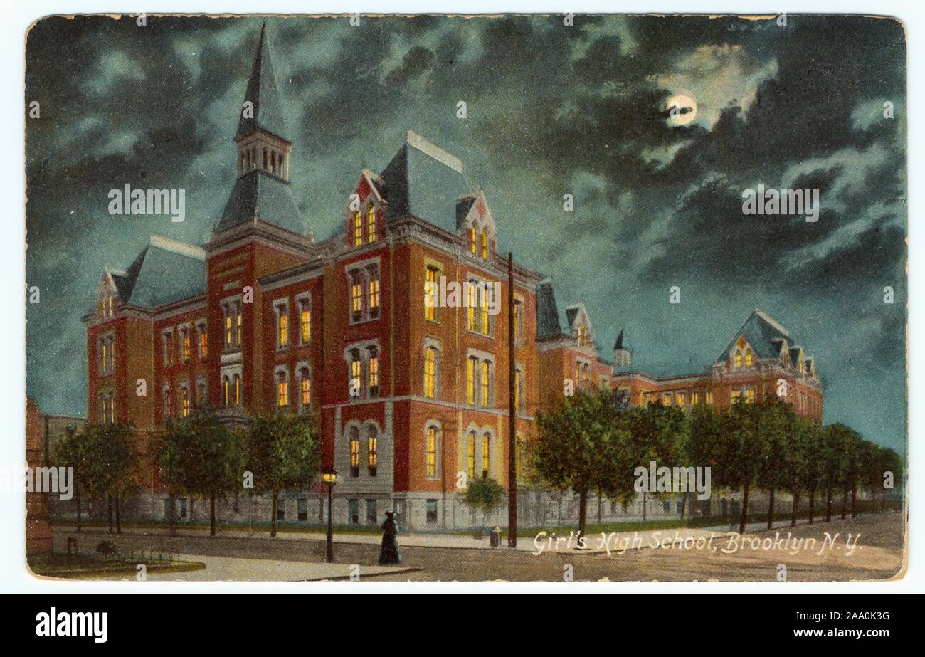 Illustrated postcard of the exterior of Girls' High School at night, Brooklyn, New York City, published by Illustrated Postal Card, 1907. From the New York Public Library. () Stock Photo