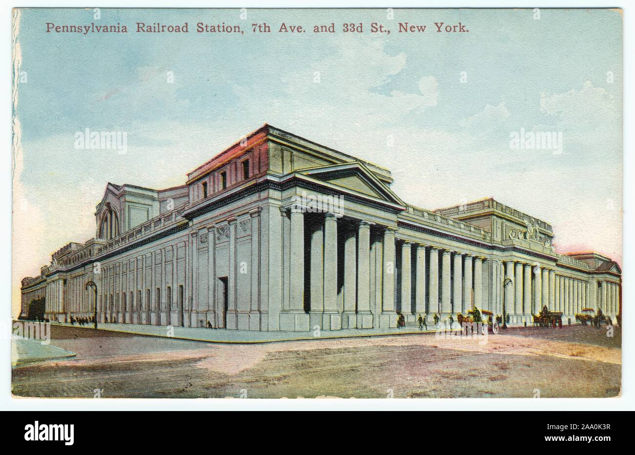 Illustrated postcard of the exterior of Pennsylvania Railroad Station on the corner of 7th Avenue and 33rd Street, New York City, published by Success Postal Card Co, 1918. From the New York Public Library. () Stock Photo