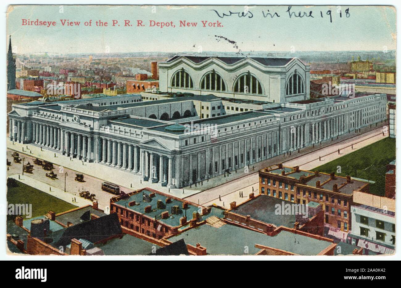 Illustrated postcard of a bird's-eye view of Pennsylvania Railroad Station, New York City, published by Success Postal Card Co, 1910. From the New York Public Library. () Stock Photo