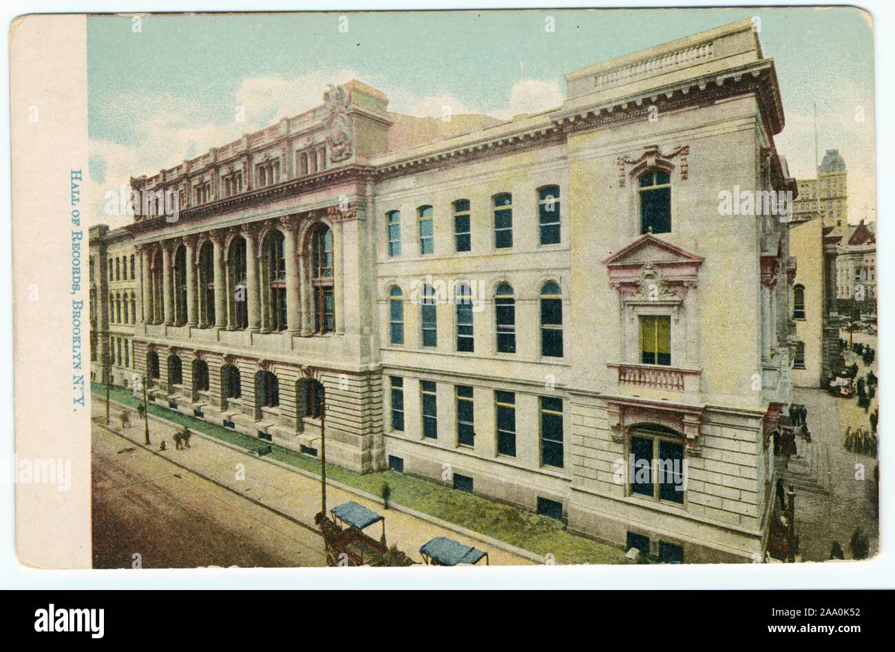 Illustrated postcard of the side view of the Hall of Records in