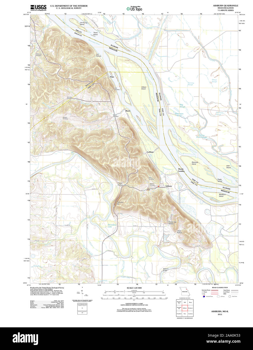 USGS TOPO Map Missouri MO Ashburn 20120206 TM Restoration Stock Photo