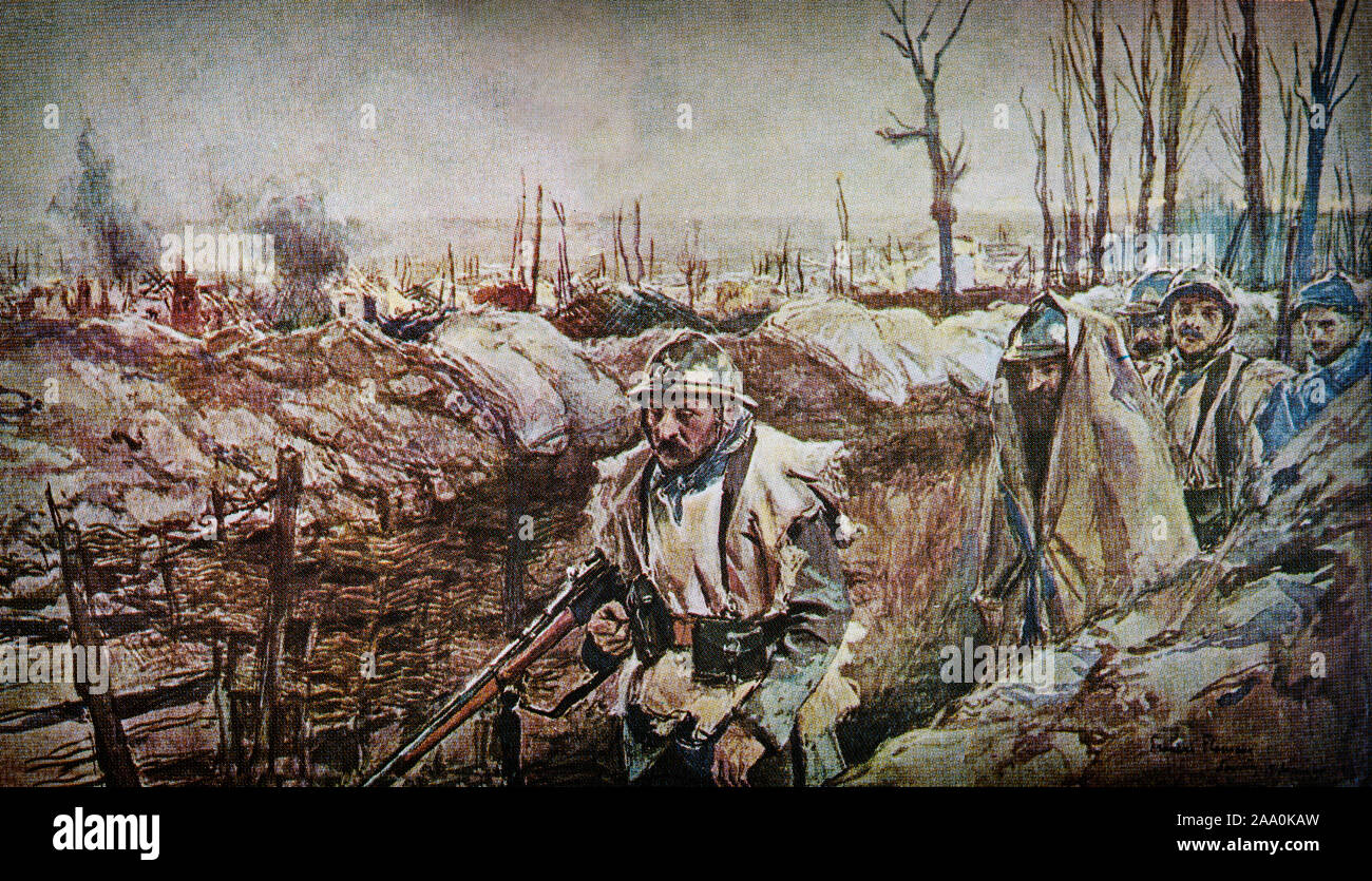 French troops in the trenches during the Battle of Verdun, fought from 21 February to 18 December 1916 on the Western Front. The battle was the longest of the First World War and took place on the hills north of Verdun-sur-Meuse in north-eastern France. Painting by  François Fleming Stock Photo