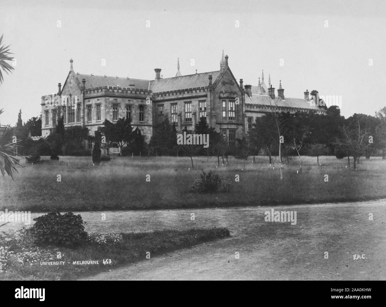Black and white photograph of the original building of the University of Melbourne in Melbourne, now known as the Old Quad, Melbourne, Australia, by photographer Frank Coxhead, 1885. From the New York Public Library. () Stock Photo