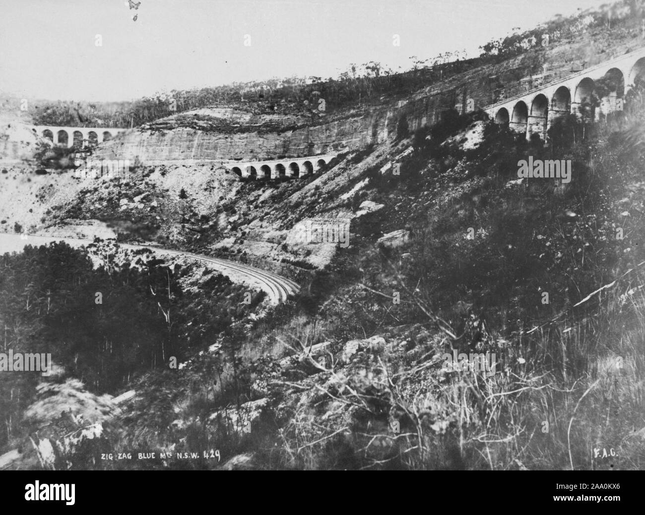 Black and white landscape photograph of the Zig Zag Railway on the western flank of the Blue Mountains region of New South Wales, Australia, by photographer Frank Coxhead, 1885. From the New York Public Library. () Stock Photo