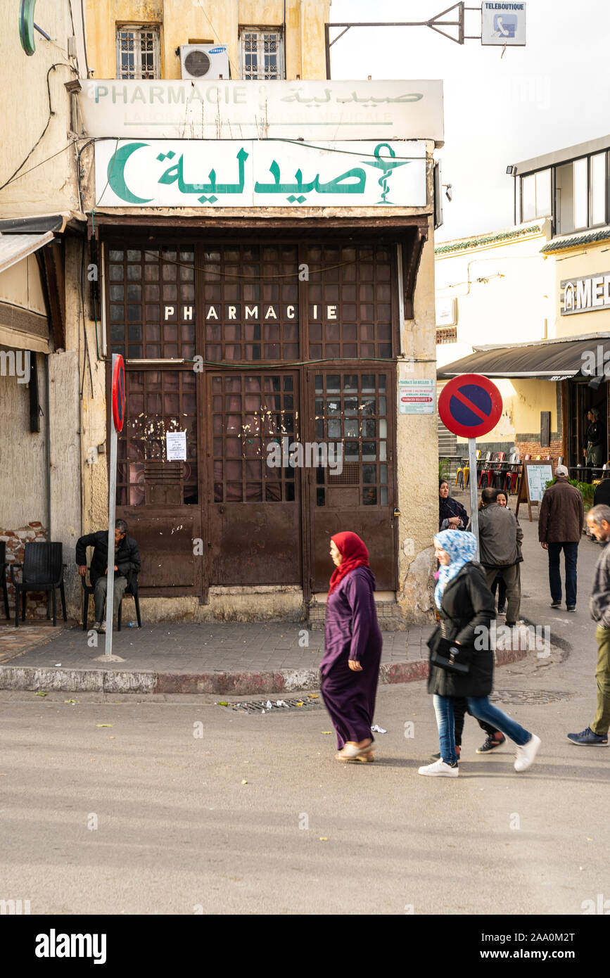 Fez, Morocco. November 9, 2019.   a pharmacy in the streets of the city center Stock Photo