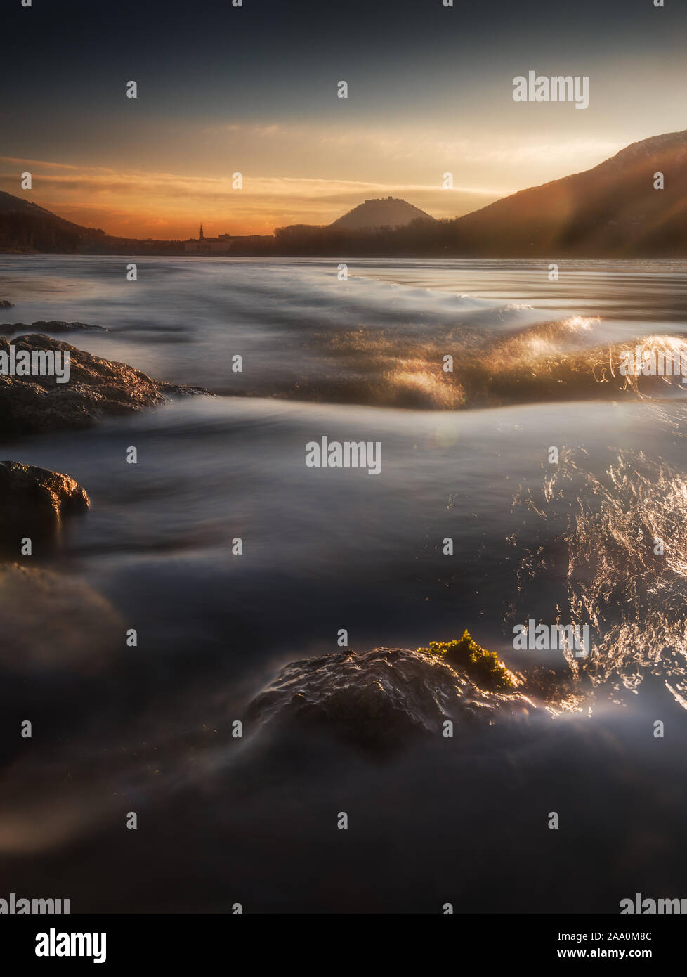 Water Vortex with Splashing Water in Danube River at Sunrise. Hainburg ...