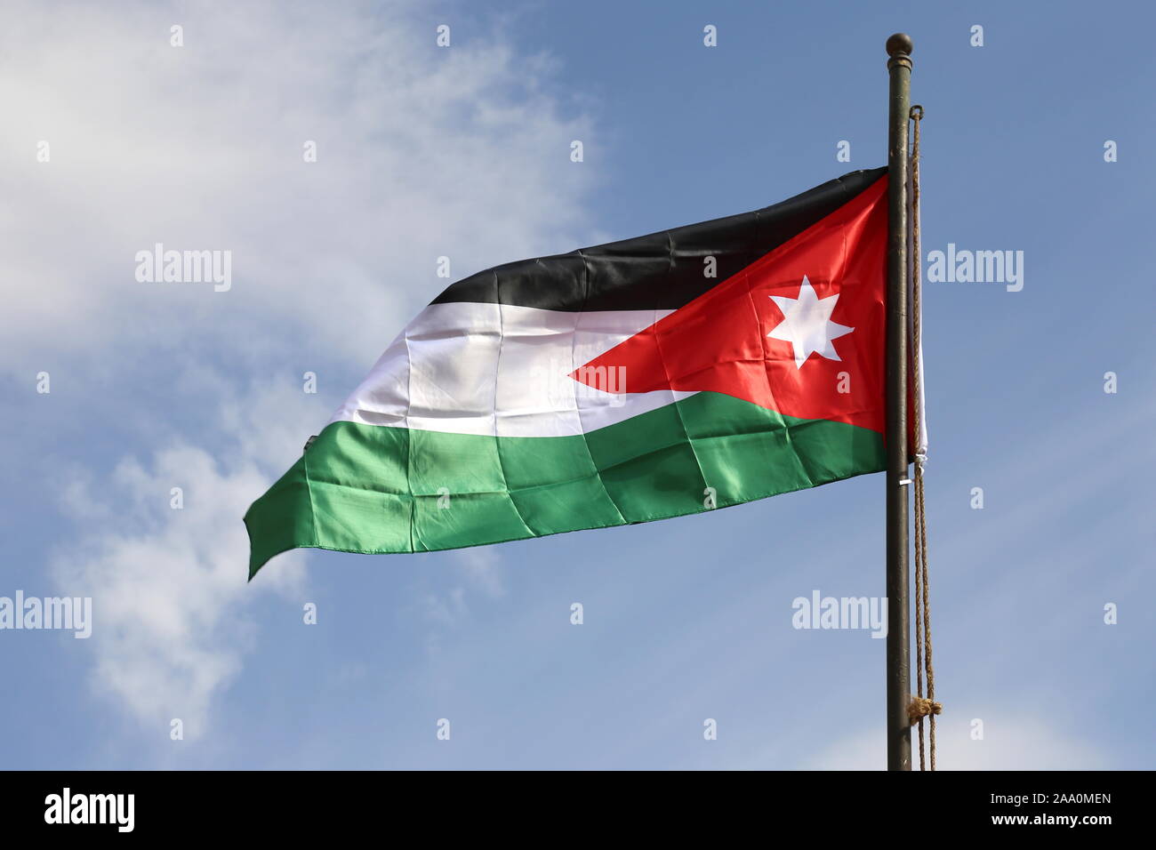 Jordanian flag, Visitor Centre, Wadi Rum Protected Area, Aqaba Governorate, Jordan, Middle East Stock Photo