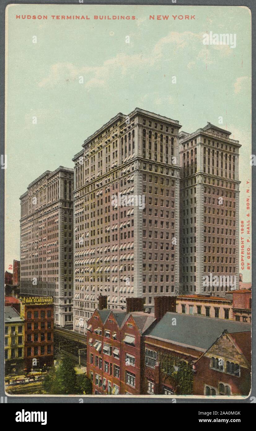 Illustrated postcard of a side view of the Hudson Terminal Buildings in Manhattan, New York City, published by Theodor Eismann, 1909. From the New York Public Library. () Stock Photo
