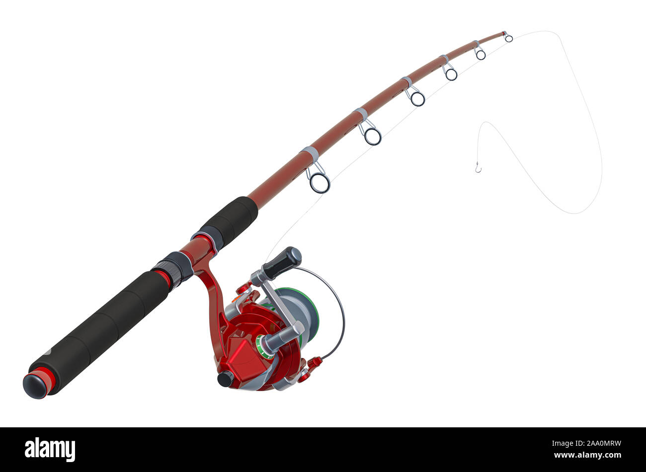 Red Fishing Rod, 3D rendering isolated on white background Stock