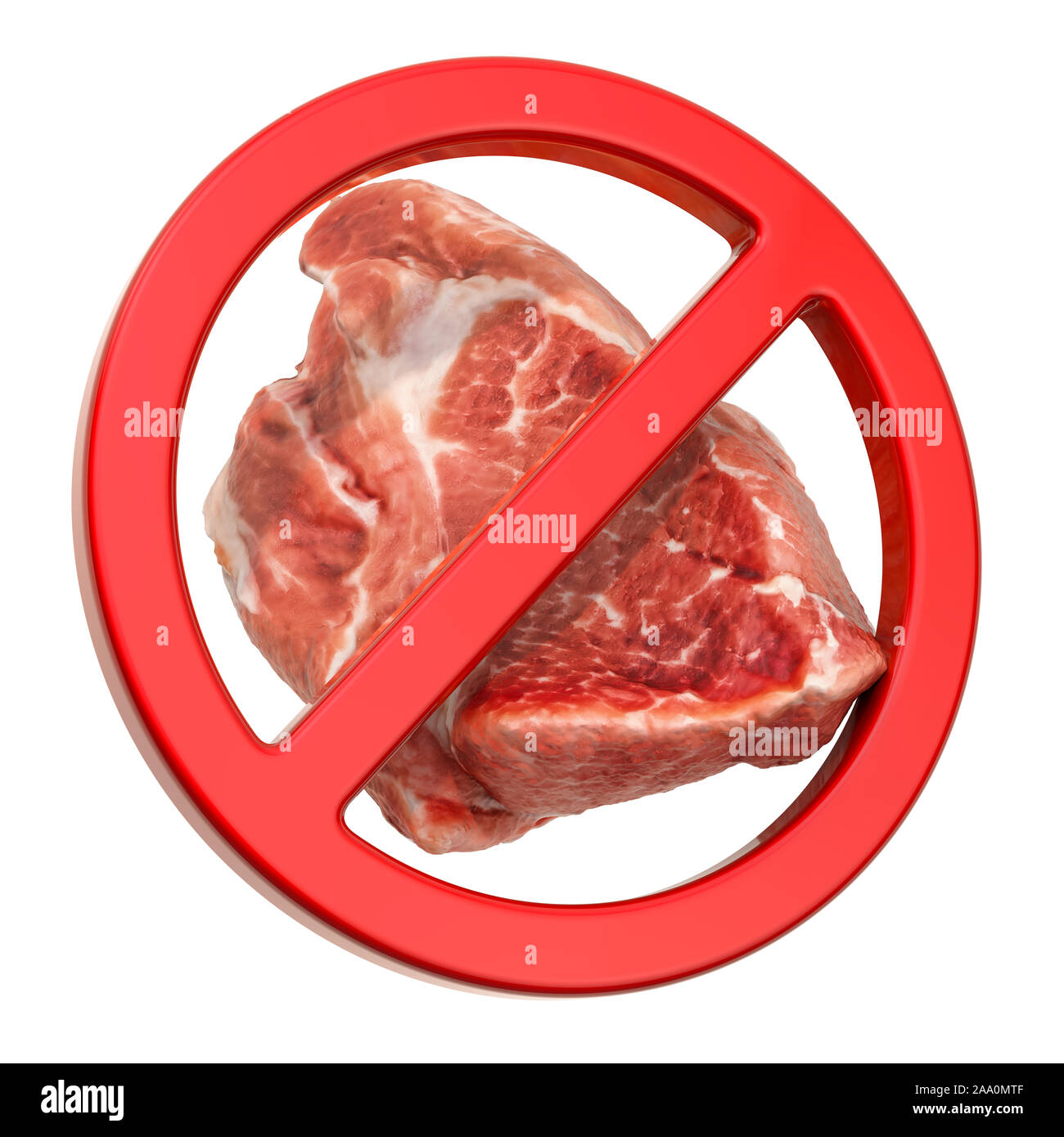 No Meat. Forbidden sign with meat, 3D rendering isolated on white background Stock Photo