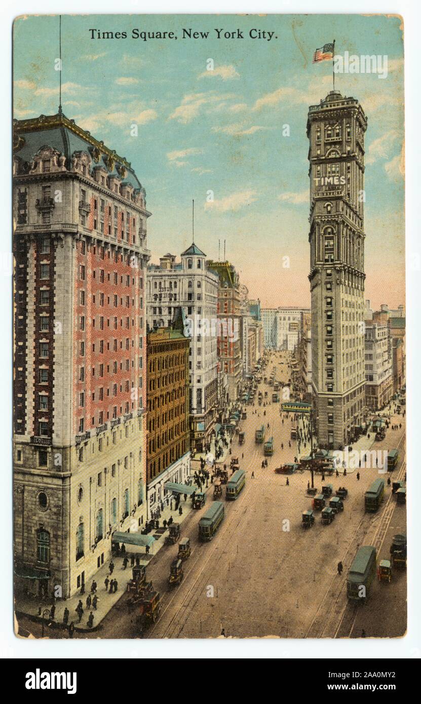 Illustrated postcard of Times Square at the intersection of 7th Avenue, Broadway at 42nd Street, Manhattan, New York City, printed by H. Finkelstein and Son, published by American Art Publishing Co, 1920. From the New York Public Library. () Stock Photo