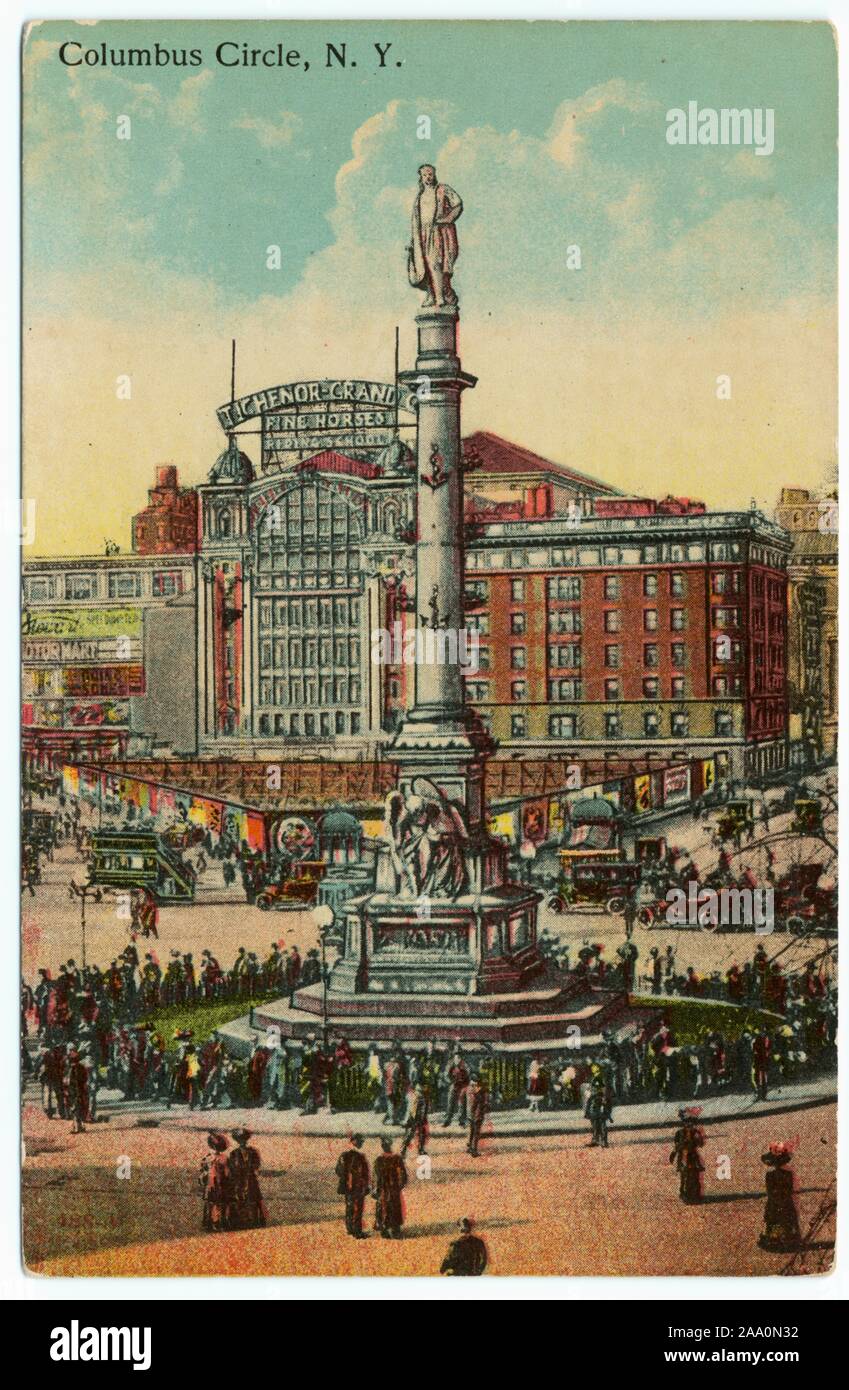 Illustrated postcard of crowds of people surrounding a statue of the Italian explorer Christopher Columbus, with the Tichenor-Grand Riding School in the background, Columbus Circle, Manhattan, New York City, 1911. From the New York Public Library. () Stock Photo
