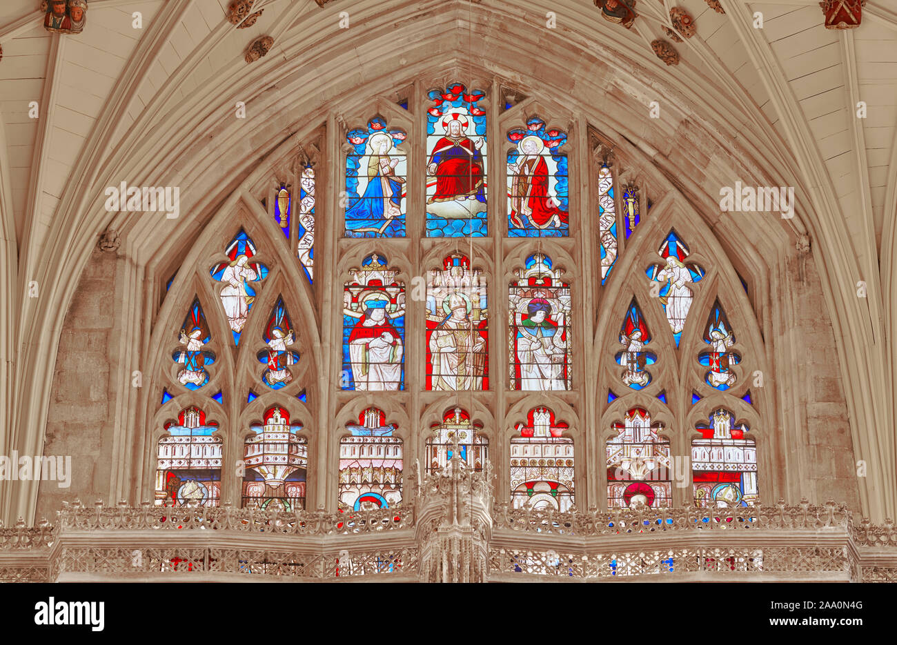 Stained glass window at the east end of the english medieval cathedral at Winchester, England