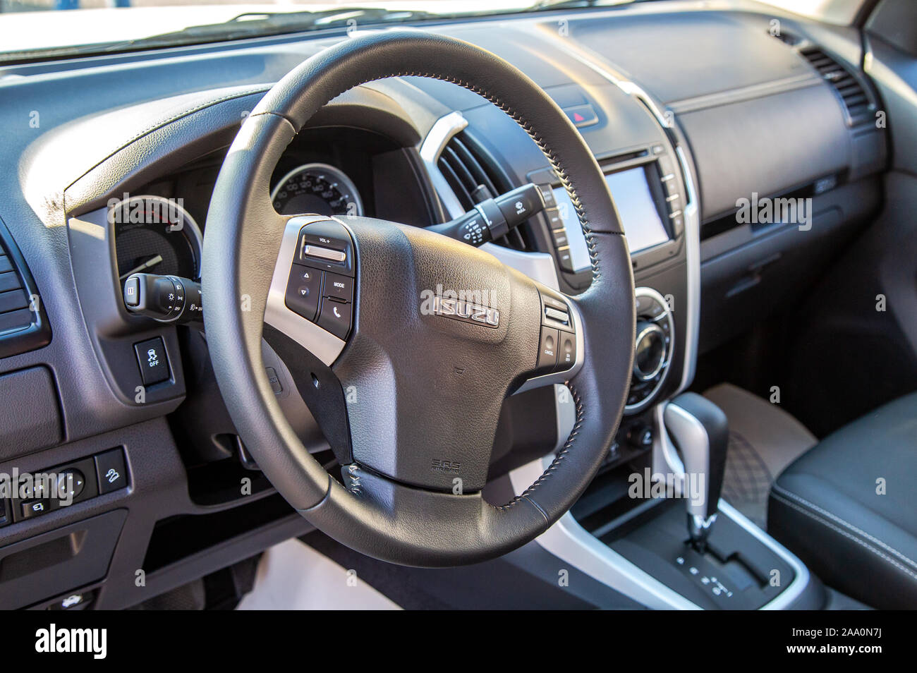 Samara, Russia - October 26, 2019: Interior design of Isuzu car, control board, steering wheel, upholstery Stock Photo