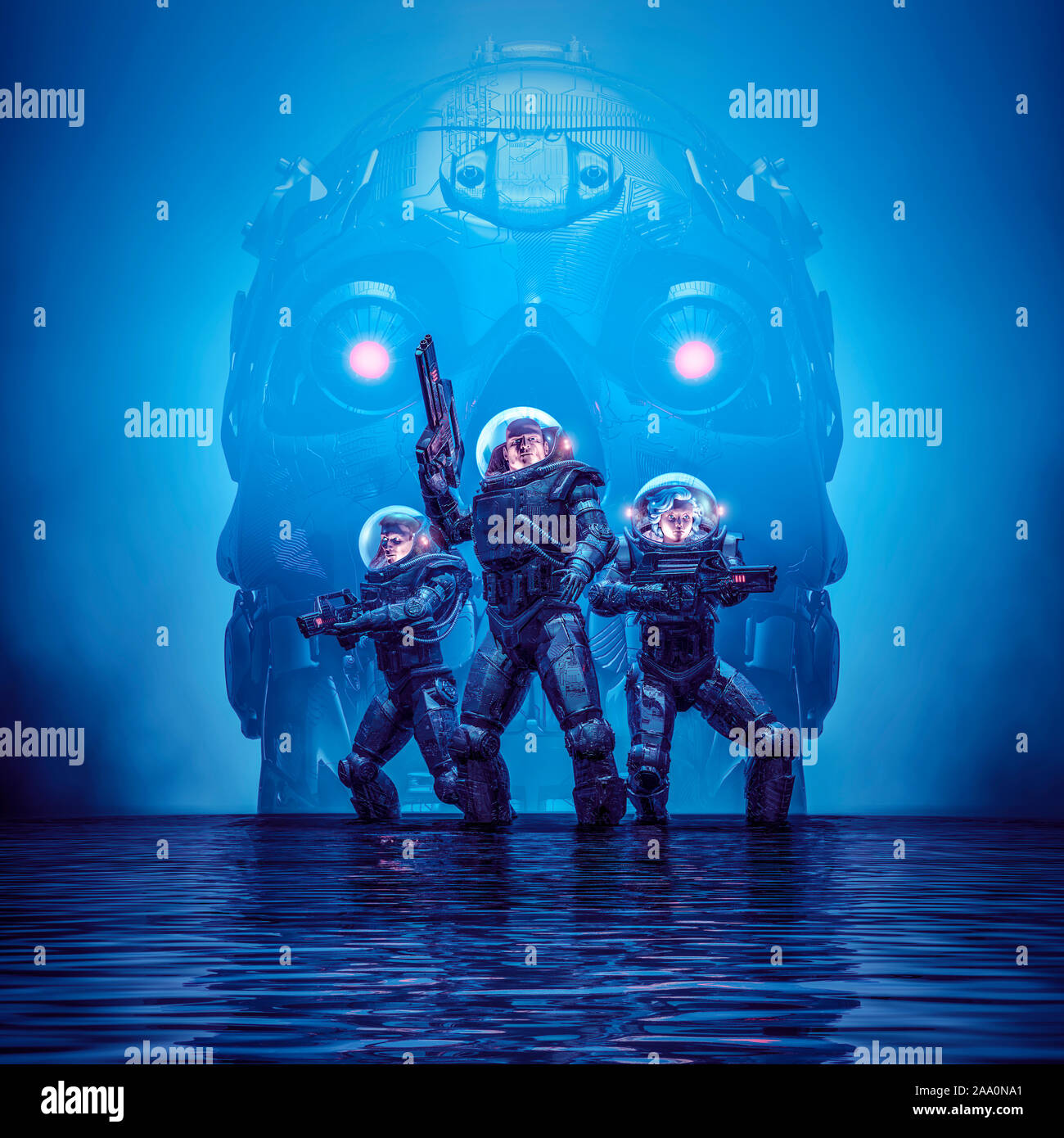 Search party of doom / 3D illustration of science fiction scene showing heroic space marine astronauts with looming giant robot skull in dark watery e Stock Photo