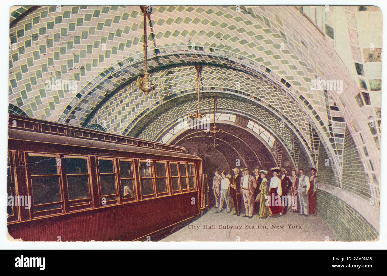 Illustrated postcard of the tiled vaulted ceiling of the City Hall subway station, with people boarding the train, Manhattan, New York City, published by J. Koehler, 1906. From the New York Public Library. () Stock Photo