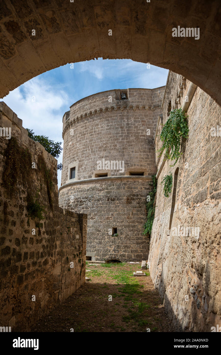 External walls and tower viewed from moat of Castello de’ Monti in Corigliano d'Otranto, Apulia (Puglia) in Southern Italy Stock Photo