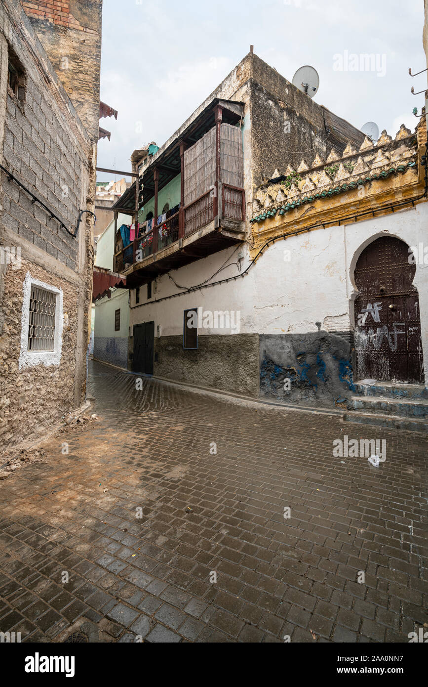 Fez, Morocco. November 9, 2019.  a typical old wooden balcony of the old houses in the Jewish quarter Stock Photo