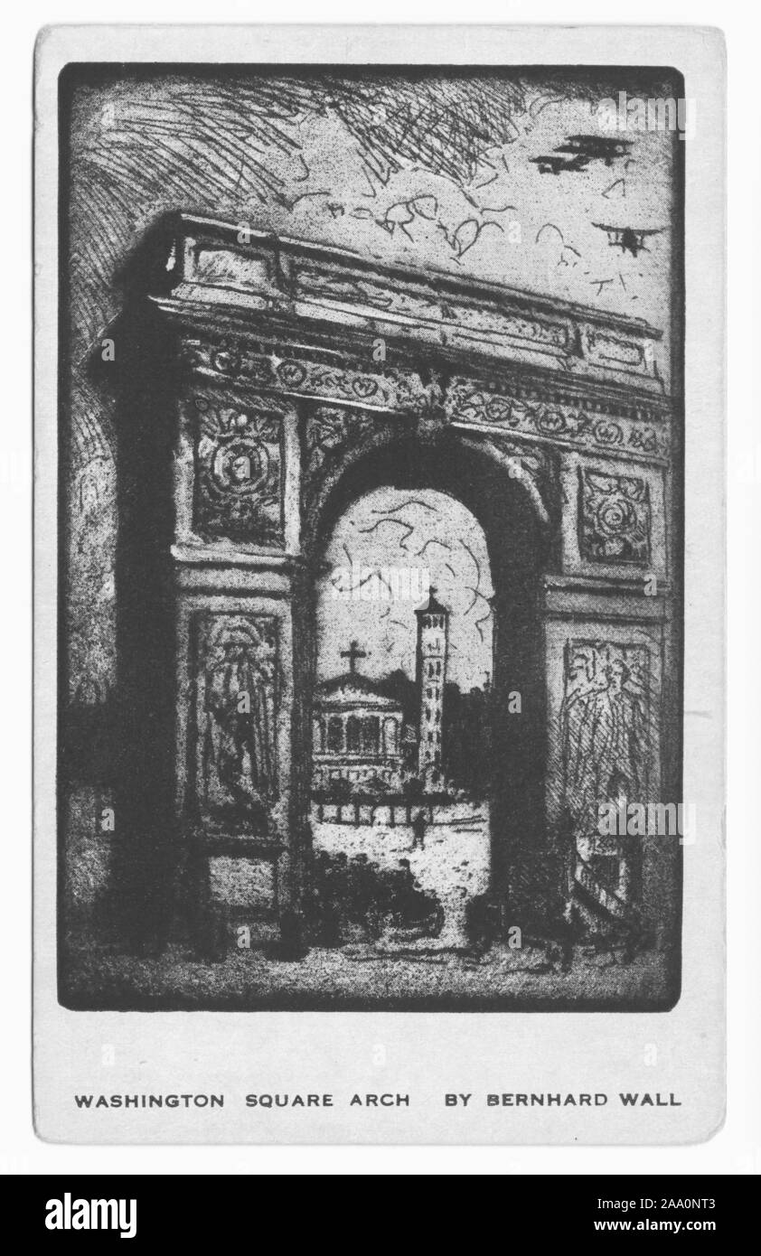 Engraved postcard of the Washington Square Arch in Washington Square Park in the Greenwich Village, New York City, painted by Bernhardt Wall, published by Ferenz-Martini, 1919. From the New York Public Library. () Stock Photo