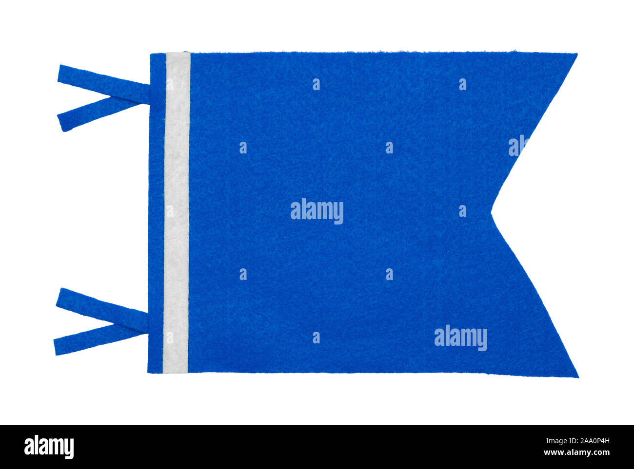 Short Blue Pennant Felt Flag Isolated on White Background. Stock Photo
