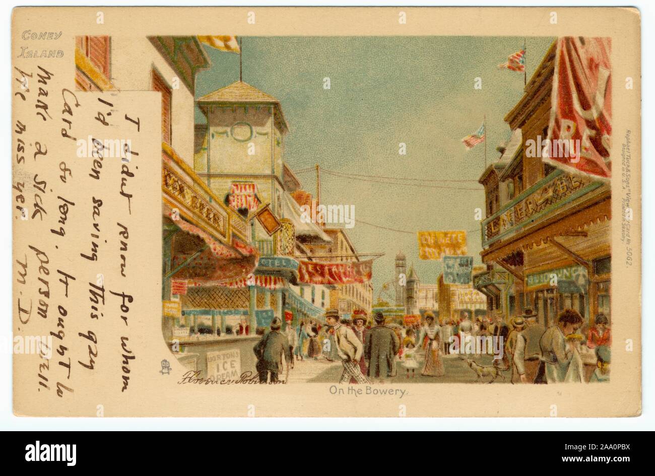 Illustrated postcard of a busy street in the Bowery area, Coney Island, New York City, copyright by Florence Robinson, published by Raphael Tuck and Sons, 1904. From the New York Public Library. () Stock Photo