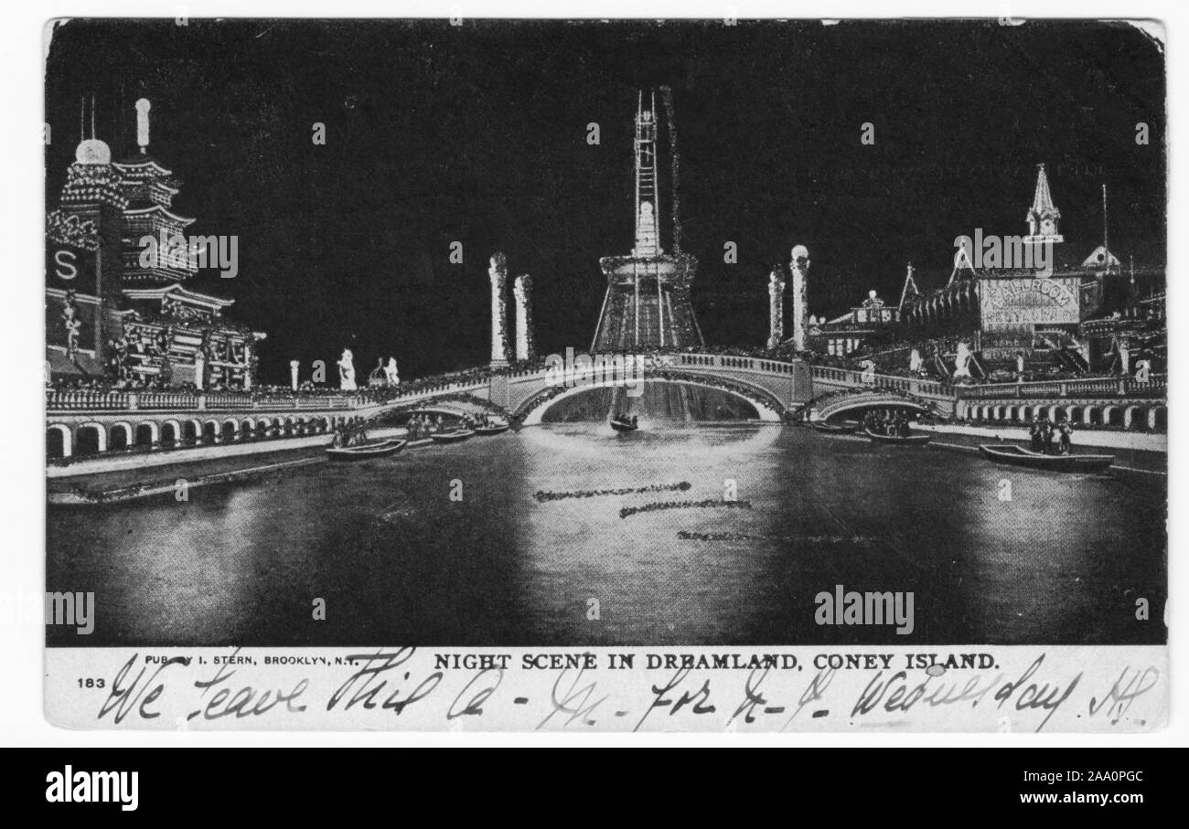Engraved postcard of a night view of the illuminated buildings and bridge in the Dreamland amusement park in Coney Island, Brooklyn, New York City, published by I. Stern, 1906. From the New York Public Library. () Stock Photo