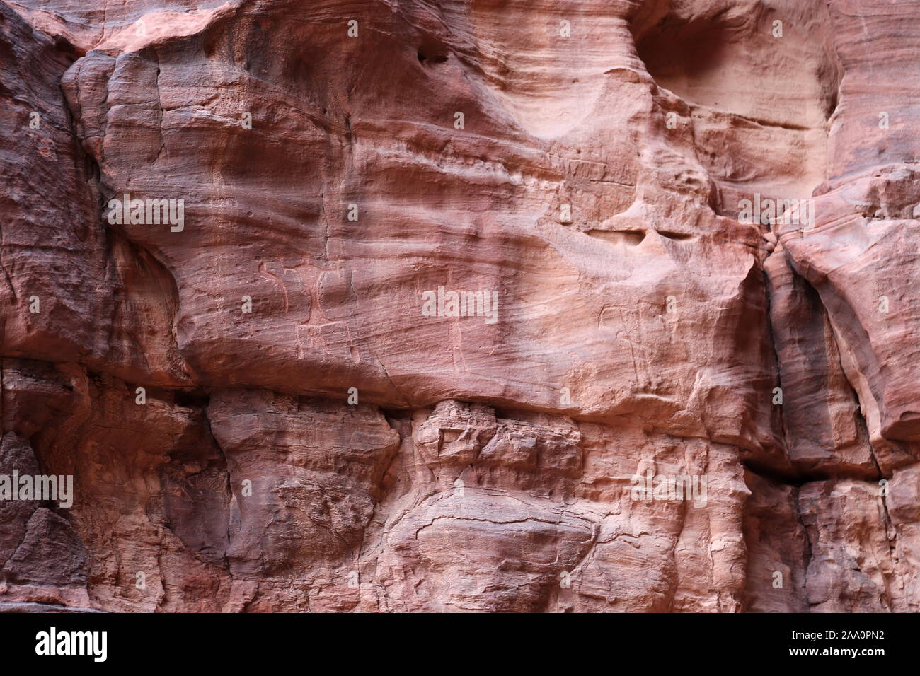 Petroglyphs, Jabal Khazali canyon, Wadi Rum Protected Area, Aqaba Governorate, Jordan, Middle East Stock Photo