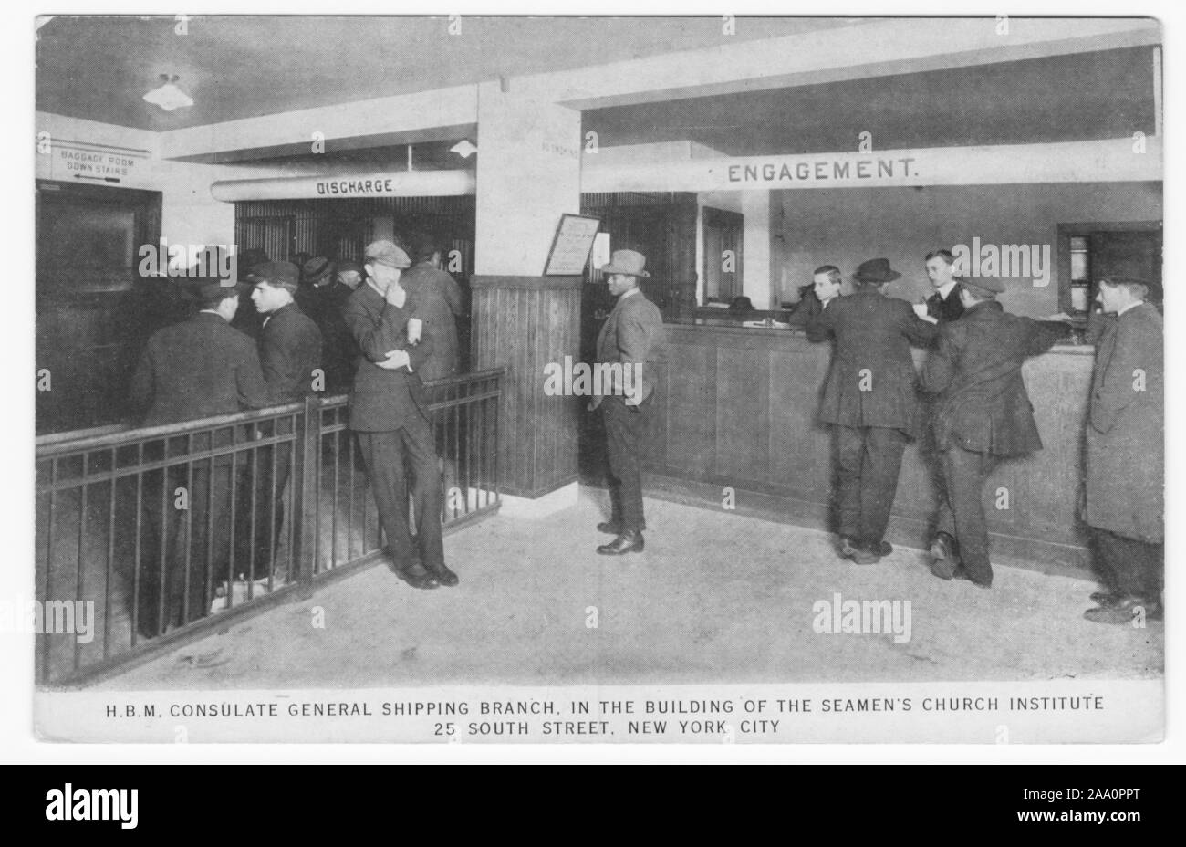 Engraved postcard of men waiting in the H.B.M, 1915. Consulate General Shipping Branch inside the Seamen's Church Institute, 25th South Street, New York City. From the New York Public Library. () Stock Photo